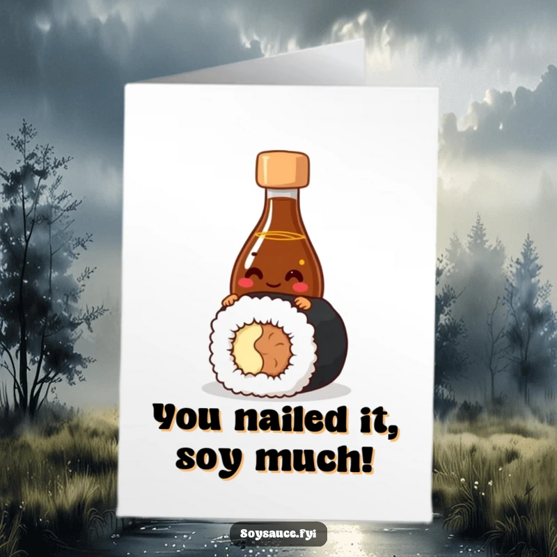 Funny Free Printable Congratulations Card featuring a giggling soy sauce bottle character peeking from behind a sushi roll, celebrating success.