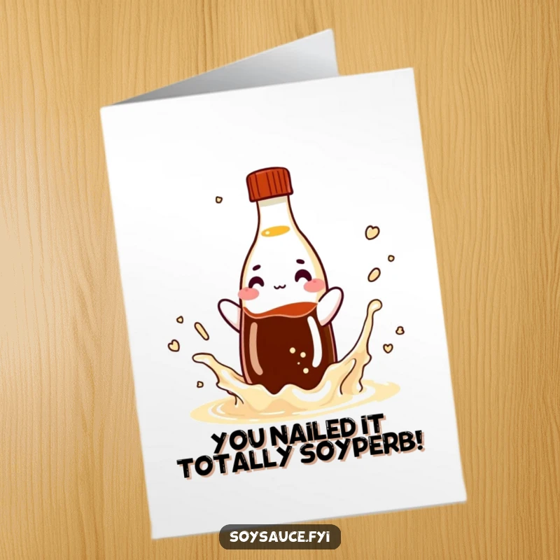 Funny Free Printable Congratulations Card: A happy soy sauce bottle doing a celebratory splash, perfect for congratulating someone's success.