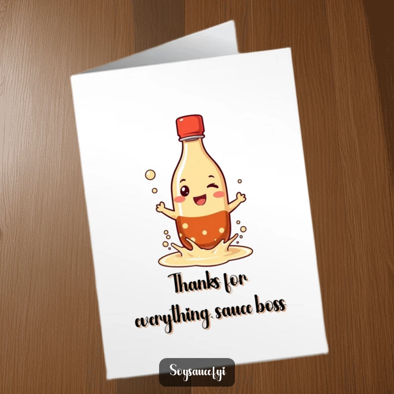 Funny Free Printable Thank You Card: A grinning soy sauce bottle character splashing its liquid, expressing thanks.