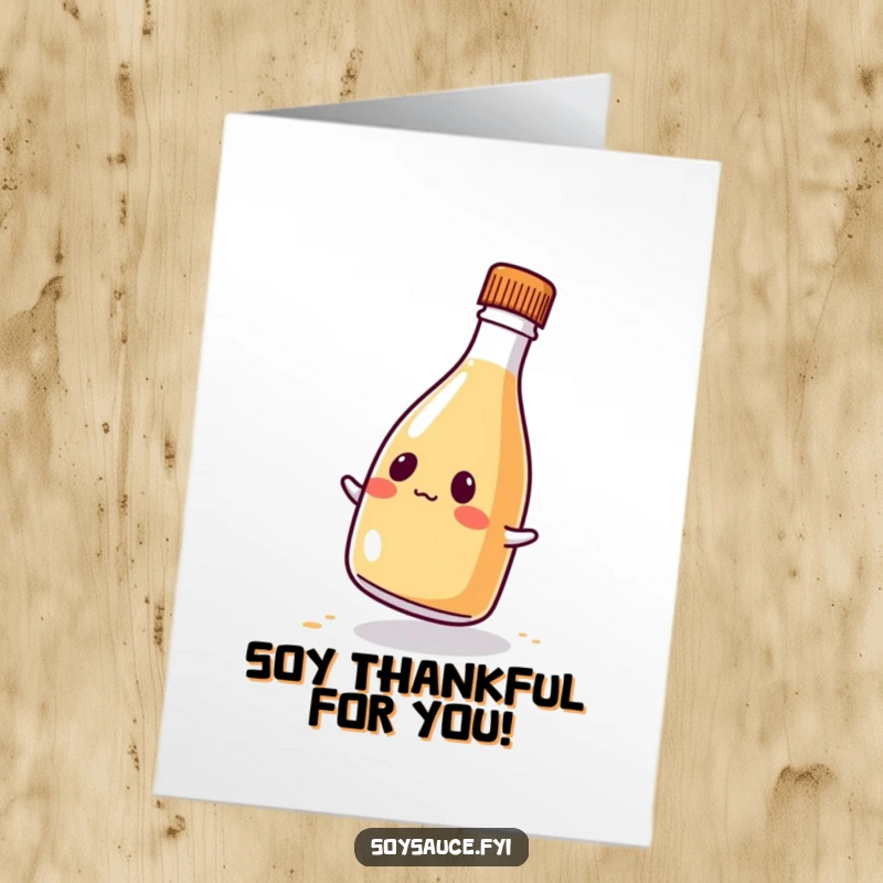 Funny Free Printable Thank You Card with a kawaii soy sauce bottle in a comical wobble, expressing gratitude with a twist.