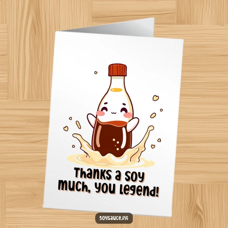 Funny Free Printable Thank You Card: A giggling soy sauce bottle making a playful splash, perfect for expressing heartfelt thanks.