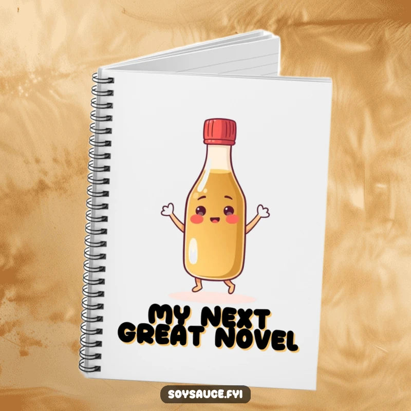 Funny cheerful soy sauce bottle notebook dancing with its cap, a happy condiment character for creative writing.