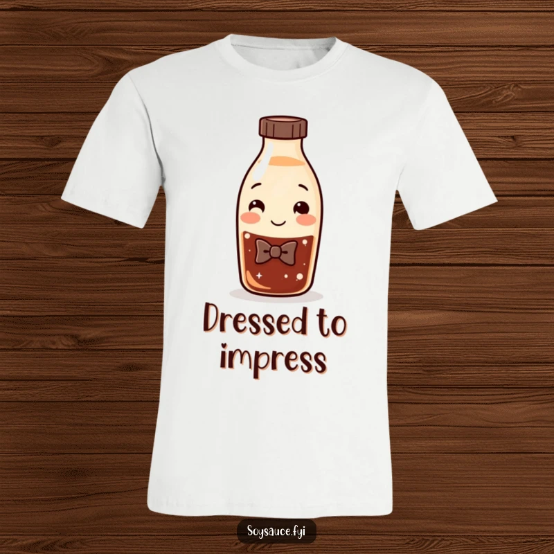 Funny Soy Sauce T-Shirt showing a smiling bottle character wearing a stylish bow tie, perfect for a humorous and classy look.