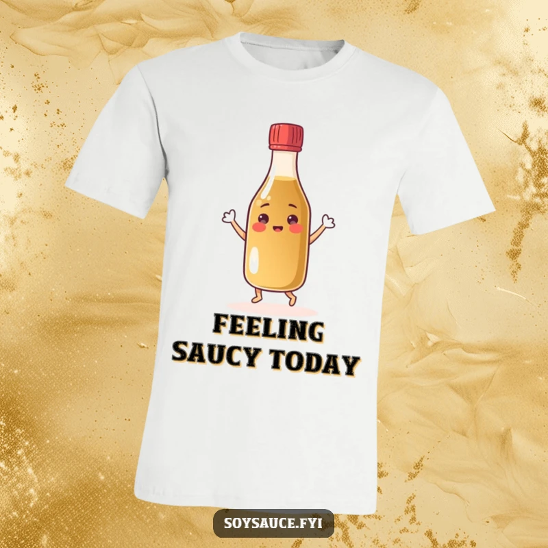 Funny cheerful soy sauce bottle t-shirt dancing joyfully with its cap, a happy condiment character in motion.