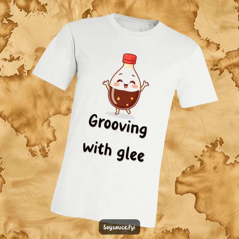 Funny Dancing Soy Sauce T-Shirt with a round bottle character joyfully dancing, conveying pure happiness and humorous energy.