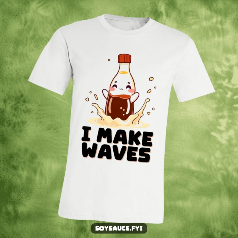 Funny soy sauce bottle t-shirt captured mid-splash, showcasing a playful condiment character bursting with energy.