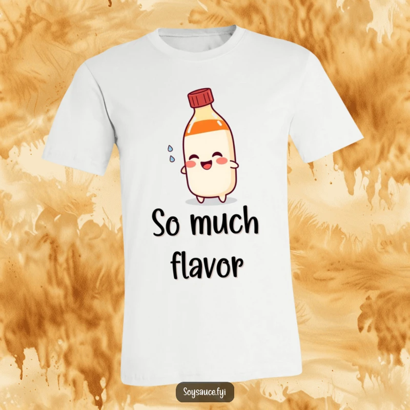 Funny soy sauce bottle t-shirt character pouring a single happy tear, showing off comical emotional expression for a foodie.