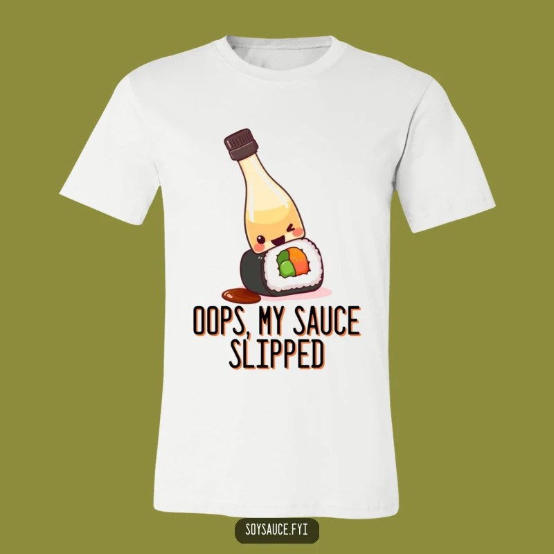 Funny Kawaii Soy Sauce T-Shirt - Playful Sushi Spill Apparel