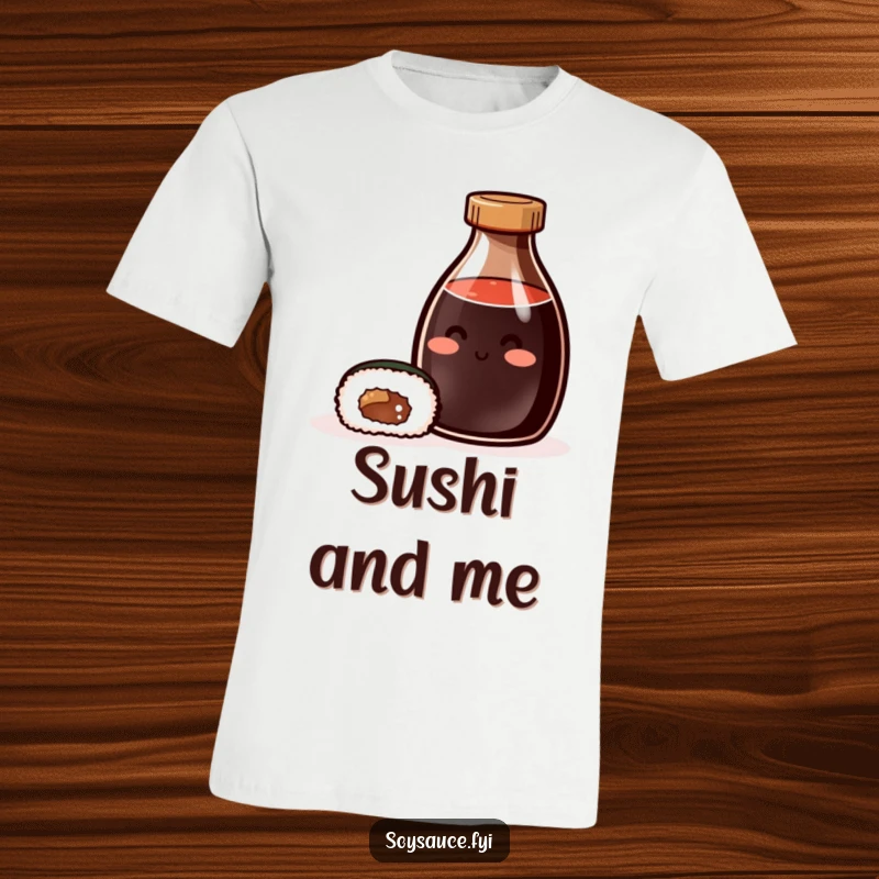 Funny T-Shirt: A smiling soy sauce bottle and a content sushi roll together, conveying culinary happiness and friendship.