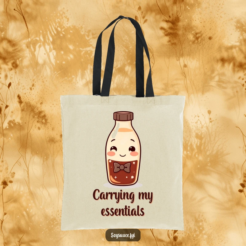 Funny Soy Sauce Tote Bag featuring a smiling bottle character with a bow tie, ideal for carrying essentials with humorous flair.