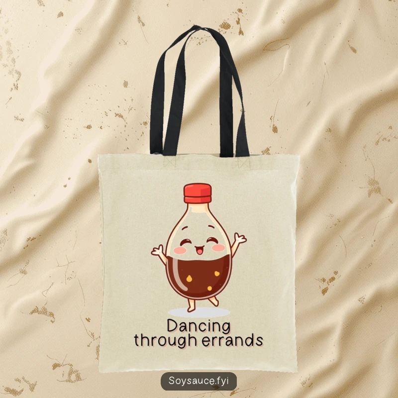 Funny Dancing Soy Sauce Tote Bag showcasing a round bottle character doing a lively dance, perfect for carrying items with a humorous spirit.