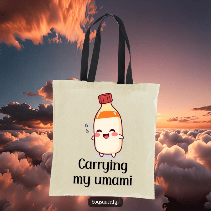 Funny soy sauce bottle tote bag character pouring a happy tear, demonstrating a unique blend of function and humorous emotion.