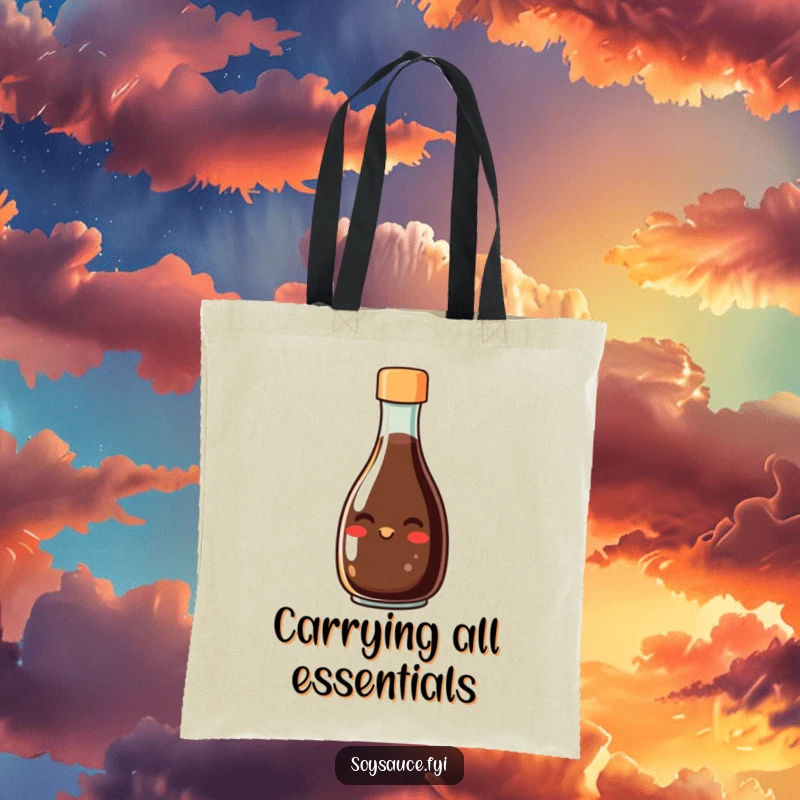 Funny tote bag with a smiling soy sauce bottle character grinning, perfect for carrying essentials with a dose of fun flavor.